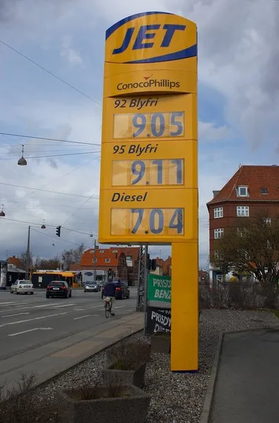Low-price day - 9.11 Danish Kroners per litre is a bargain. Right now the price is about 10.50 Kroners or about 1.75 US$ per litre, which amounts to 6.50 US$ per gallon!