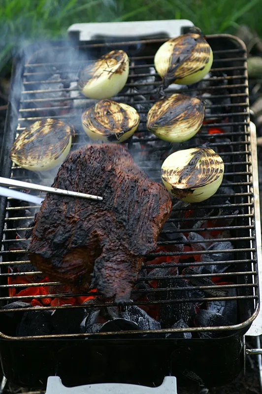 Brazilian beef - A meal good enough for barons - marinated and barbecued sirloin, grilled vegetables and freshly boiled new potatoes.