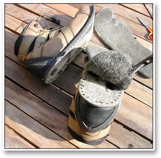 Tearing off soles - To tear off the old soles you need to apply a bit of mild violence. They will mostly be cooperative. The soles on my Chota boots had originally been sown as well as glued, but the stitches were worn through and were pulled through the felt as I slowly worked off the soles with a set of heavy pliers.
